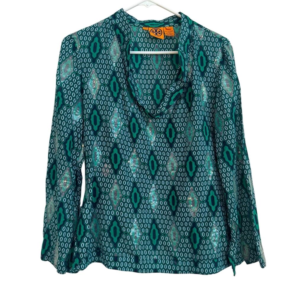 Tory Burch Women's Geometric Sequin 3/4 Sleeve V Neck Tunic Sz 4 Green, Sparkle